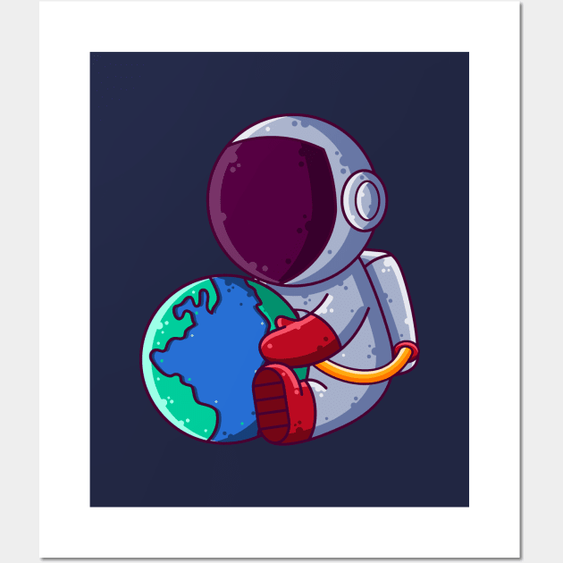 Cute Astronaut Holding Earth Cartoon Wall Art by Ardhsells